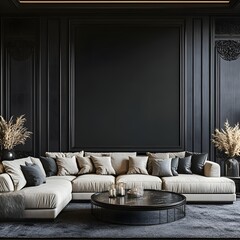 Fototapete - Modern dark living room interior showcasing black empty wall mock up Plush seating and decorative elements contrast beautifully against the dark backdrop in this sophisticated 3D render of comfort