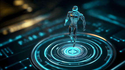 Aufkleber - A digital humanoid figure stands in a glowing circular interface, surrounded by intricate holographic patterns, evoking a futuristic technology theme.