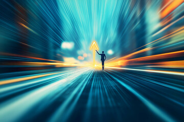 Poster - A solitary figure stands in a vibrant, futuristic environment, pointing towards a bright arrow, symbolizing direction and progress amidst blurred motion.