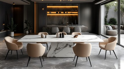Poster - Modern dining room interior home mock up as the centerpiece Smooth marble table contrasting with cozy chairs Neutral tones and soft lighting create a welcoming 3D render