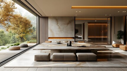 Poster - Modern dining room interior home mock up as the centerpiece Smooth marble table contrasting with cozy chairs Neutral tones and soft lighting create a welcoming 3D render