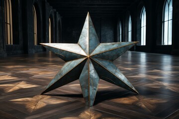Poster - large blue metal star with gold inlay resting on a dark wooden floor in a gothic style building