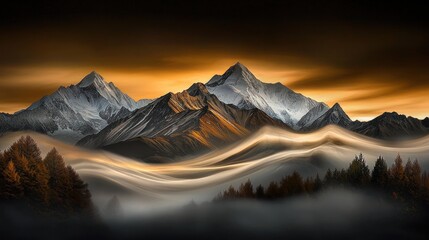 Wall Mural - Majestic sunset mountain range, autumn mist, valley, landscape, art