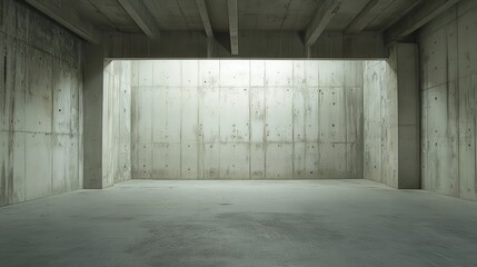 Poster - Concrete walls illuminating with dramatic light beams, casting sharp geometric shadows across minimalist industrial interior with moody atmosphere