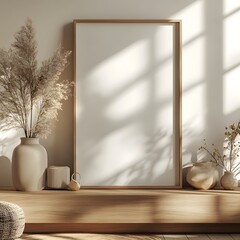 Poster - Modern home interior a mock up frame standing on a wooden cabinet Minimal decor includes a small potted plant and sleek accessories Warm lighting enhances the cozy atmosphere in this 3D render