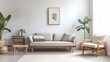 © Artistic Visionary - Serene Minimalist Living Room Interior with Light Wood Furniture and Greenery
