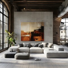 Poster - Modern living room loft industrial design elements Featuring a mix of soft fabrics and hard surfaces Large artworks and ambient lighting bring warmth to the space in this dynamic 3D render