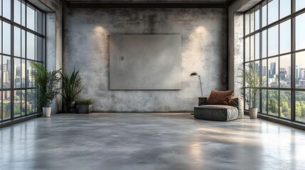 Poster - Modern office interior designed loft style with industrial elements Concrete flooring and distressed furniture combine to create a trendy workspace 3D render showcasing sleek design and comfort