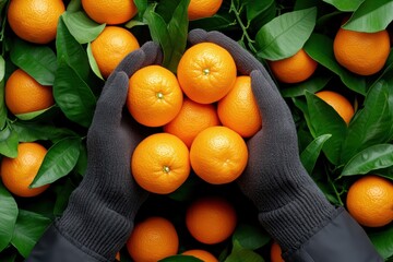 Wall Mural - Gloved hands gently cradle a cluster of ripe oranges amidst lush green leaves.