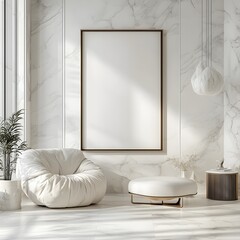 Poster - Modern white room featuring mockup frame on the wall Surrounded by smooth contemporary furniture and soft lighting 3D render emphasizing simplicity and balance in design