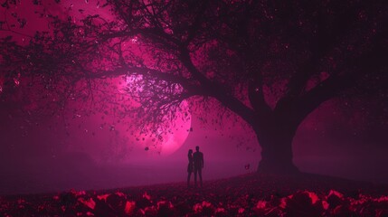 Wall Mural - Romantic Silhouette of a Couple Under a Majestic Tree at Sunset