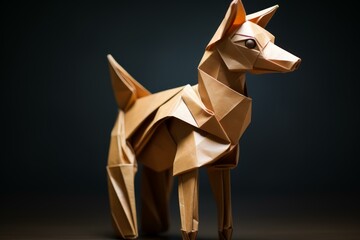 Poster - Brown origami dog standing on dark background, showcasing the art of paper folding