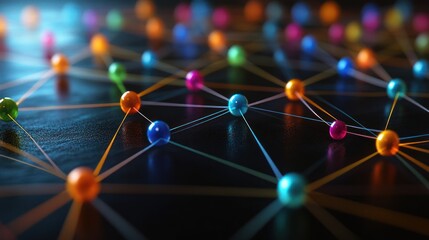 colorful network nodes connecting, dark background, digital illustration, tech concept
