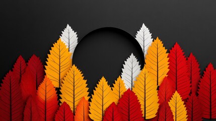 Wall Mural - Autumnal Abstract: A minimalist composition featuring vibrant red, orange, and white leaves artfully arranged around a central black circle, creating a striking autumnal design. 