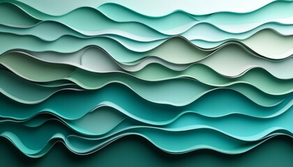 Poster - abstract background, flowing lines, waves, shades of blue, green, paper art, 3d render, modern