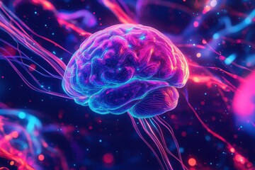 Poster - Vibrant abstract representation of human brain with colorful neural connections