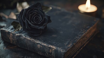 Wall Mural - Black Rose Resting on Vintage Book with Candle Lit in Background