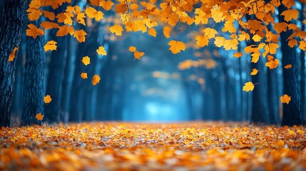 Wall Mural - autumn leaves fall in a misty blue forest path