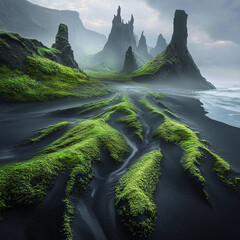 Fototapete - Majestic coastal landscape featuring tall rock formations and vibrant green moss covering the beach, creating a stunning contrast with the black sand and crashing ocean waves.