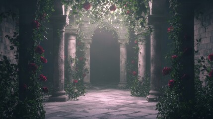 Wall Mural - Ancient Stone Courtyard Surrounded by Lush Greenery and Roses