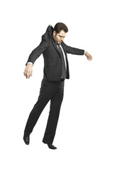 Poster - Man in formal attire putting on a suit jacket, isolated on a white background, closeup of a professional look. Concept of preparation, business