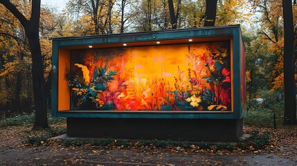 Wall Mural - A large, colorful mural of a forest with a tree in the foreground