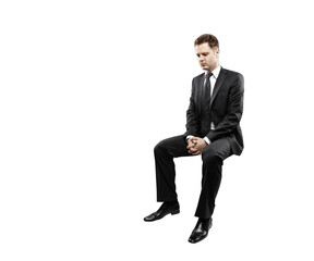 Poster - Businessman in formal suit sitting with clasped hands, isolated on white background. Professional closeup, concept of corporate or business design