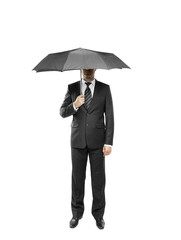 Poster - Man dressed in asuit holding an umbrella, standing upright on a clean white background. Concept of protection, formality, and elegance