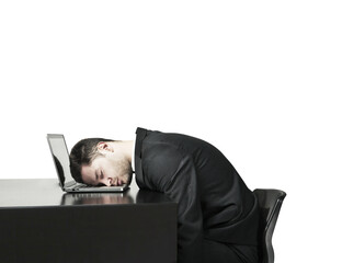 Poster - A tired businessman in a suit with his head resting on a laptop at a desk. Minimalistic layout with a plain white background, symbolizing exhaustion