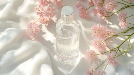 Aufkleber - Elegant glass perfume bottle containing a transparent liquid surrounded by a lush arrangement of delicate pink blossoms creating a serene and romantic atmosphere