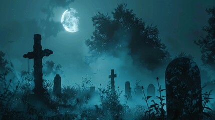 eerie shadows moving in a moonlit graveyard