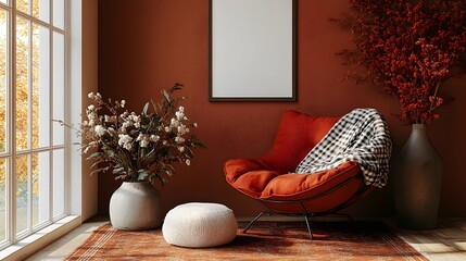 Poster - Overhead view of living room interior with a red armchair a plaid blanket and personal accessories complemented by a vase of flowers and a mockup poster frame on the brown wall Template