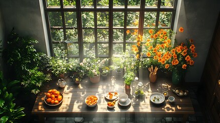 Poster - Overhead view of terrace space featuring a dining table with dishes and fruits surrounded by plants and a vase of flowers framed by a large window that brings in natural light Template
