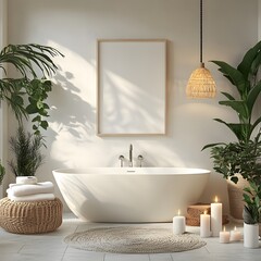 Poster - Poster frame mockup a cozy white bathroom interior shown from a frontal angle focusing on the decorative elements like candles and plants creating a serene spalike atmosphere in this 3D render