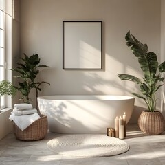 Poster - Poster frame mockup a cozy white bathroom interior shown from a frontal angle focusing on the decorative elements like candles and plants creating a serene spalike atmosphere in this 3D render