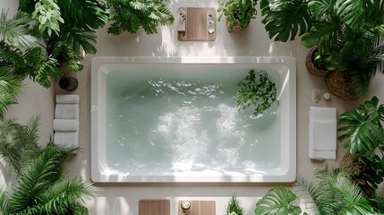 Poster - Poster frame mockup a white cozy bathroom interior from an overhead angle showcasing a relaxing tub plush towels and decorative plants creating a tranquil atmosphere in this 3D render