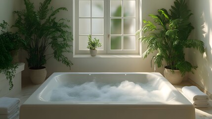 Poster - Poster frame mockup a white cozy bathroom interior from an overhead angle showcasing a relaxing tub plush towels and decorative plants creating a tranquil atmosphere in this 3D render