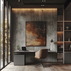Poster - Poster mock up close up a sleek home office Modern loft style with concrete walls and minimalist furniture Warm lighting highlights the space creating a functional and stylish 3D render