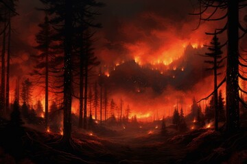 Wall Mural - Forest fire burning intensely at night, creating an orange glow in the sky