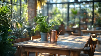 Poster - Sideangle perspective of beautifully crafted oak wooden table and chairs accented with a copper watering can surrounded by vibrant plants and natural light in a serene orangery space