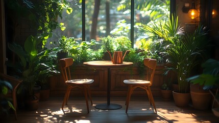 Fototapete - Sideangle perspective of beautifully crafted oak wooden table and chairs accented with a copper watering can surrounded by vibrant plants and natural light in a serene orangery space