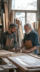 A father and son are working with carpentry equipment in a light-filled studio that is lined with wooden frames.