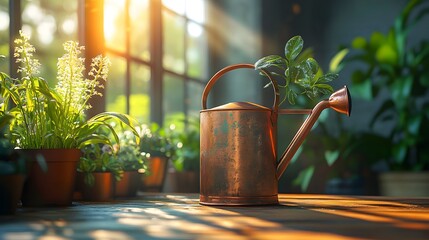 Poster - Sideangle perspective of beautifully crafted oak wooden table and chairs accented with a copper watering can surrounded by vibrant plants and natural light in a serene orangery space