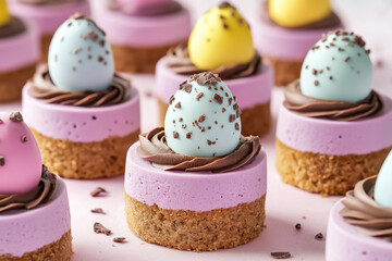 Wall Mural - delightful assortment of mini cheesecakes decorated with easter-themed chocolate eggs on a pink background