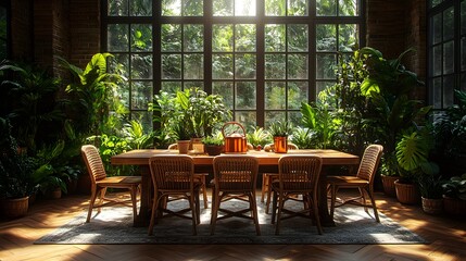 Poster - Sideangle perspective of beautifully crafted oak wooden table and chairs accented with a copper watering can surrounded by vibrant plants and natural light in a serene orangery space