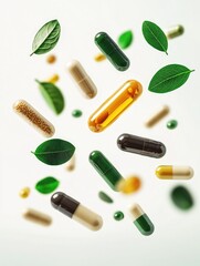 Wall Mural - A collection of colorful vitamin pills and green leafy plants symbolizing health and nutrition.