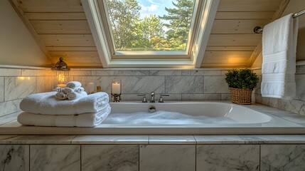 Poster - Sideangle shot of stylish bathroom with marblepaneled walls a luxurious bathtub folded towels and modern bathroom accessories Roof window opens to a bright sky adding natural light to the glamour