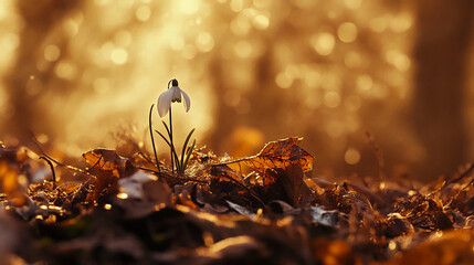 Poster - A single snowdrop flower blooming in the forest with a soft golden bokeh light in the background, symbolizing the arrival of spring and new beginnings.
