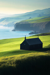 Poster - A small church sits in the foreground with a breathtaking coastal landscape behind it, showcasing the serene beauty of nature and human architecture in harmony.