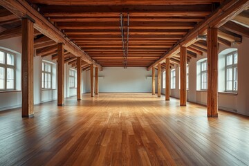 Wall Mural - A large, empty room with a wooden floor and a wooden ceiling. The room is filled with wood and has a rustic feel.